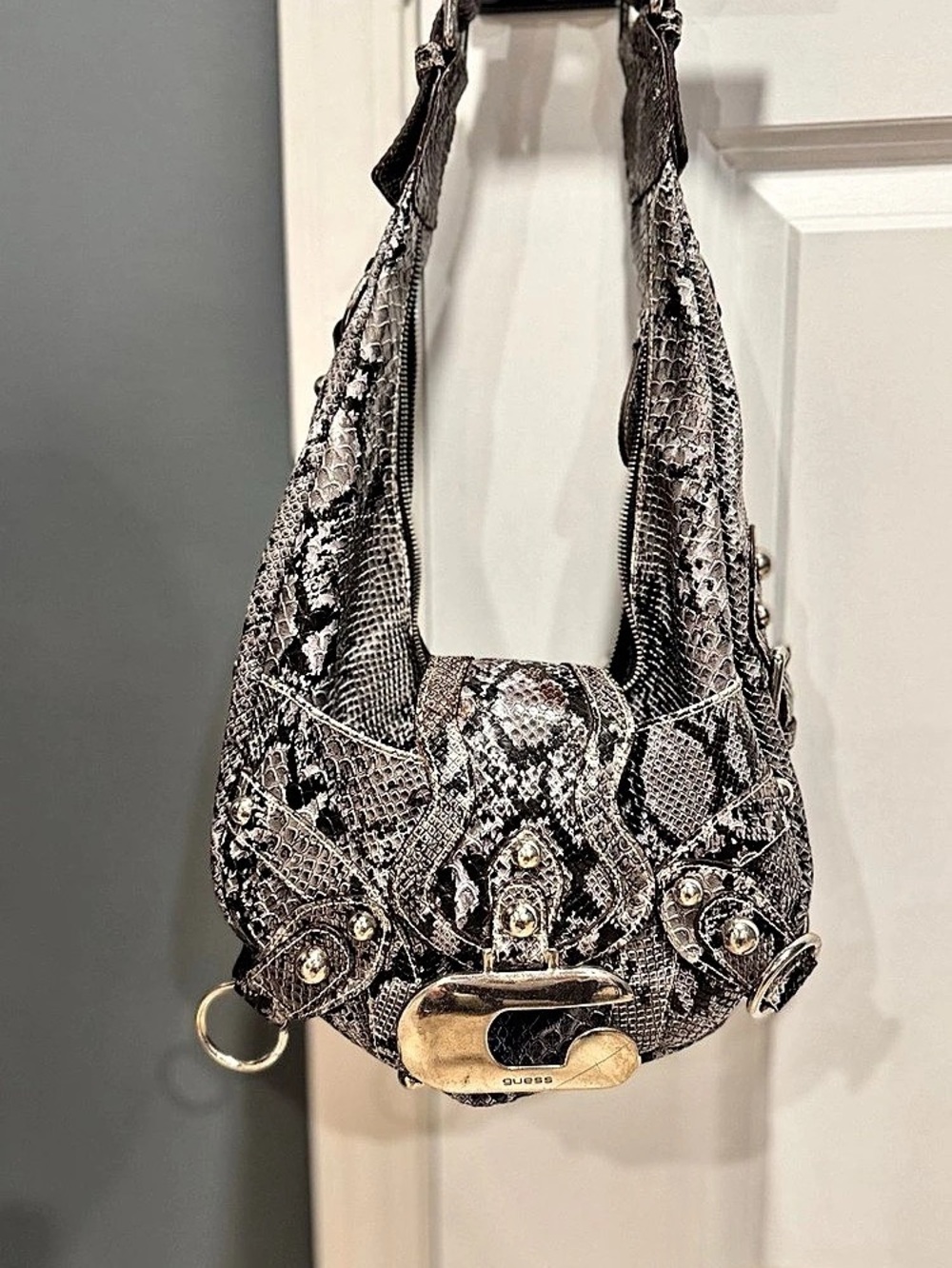 Guess Y2K Snakeskin-Print Hobo Bag in Black & Gray